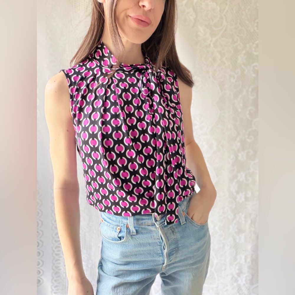 Worthington Geometric Tie Neck Sleeveless Blouse Pink Black